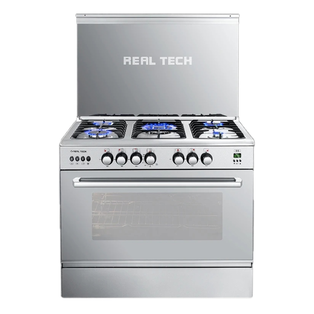 Freestanding Gas Cooker Real Tech, 90×60cm, 5 Burners, Full Safety, Fan, Cast Iron Grates, Digital, Stainless Steel - Smart Digital