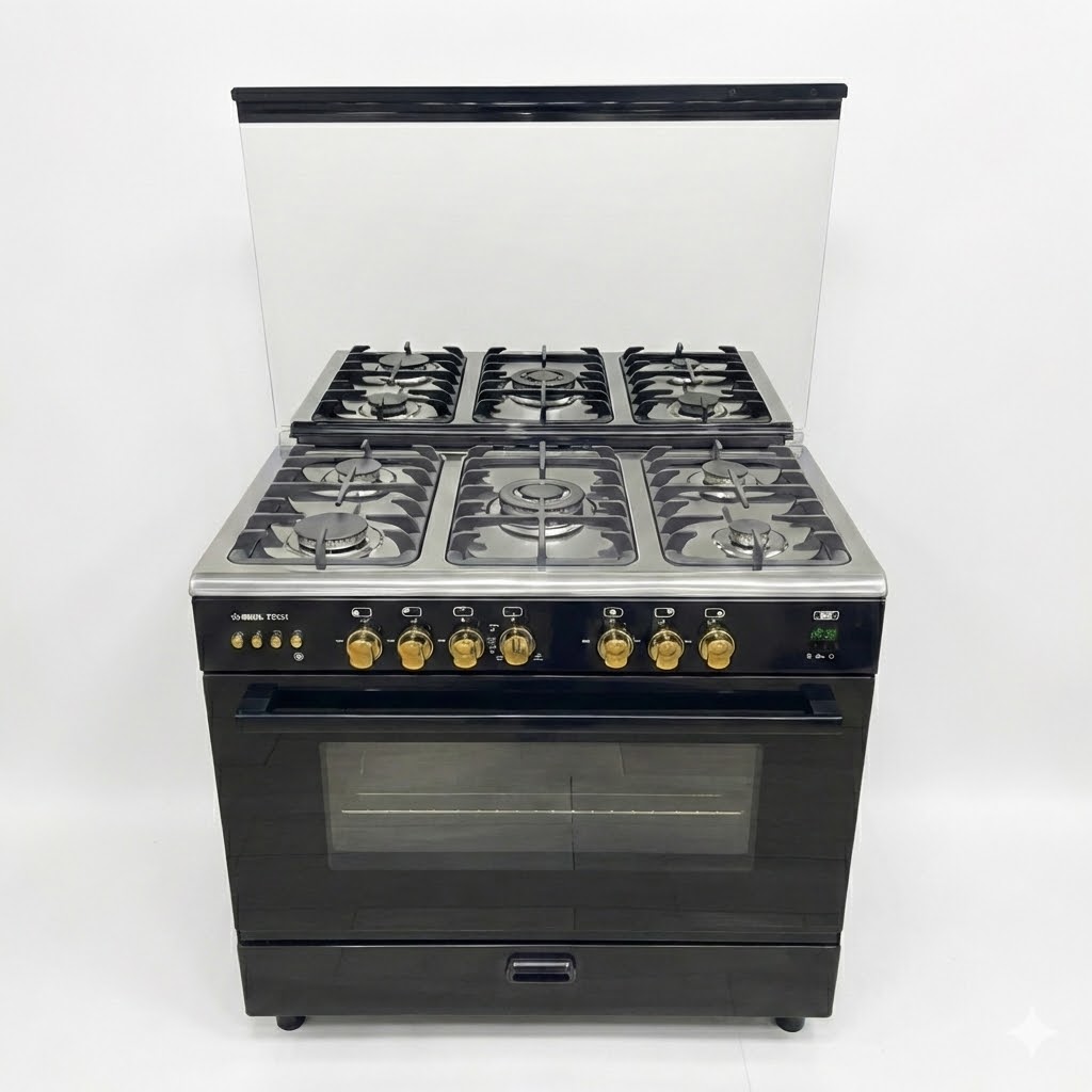 Freestanding Gas Cooker Real Tech, 90×60cm, 5 Burners, Fan, Cast Iron Grates, Digital, Rok, Black*Gold - R6090SB-Ca-Di-Rok