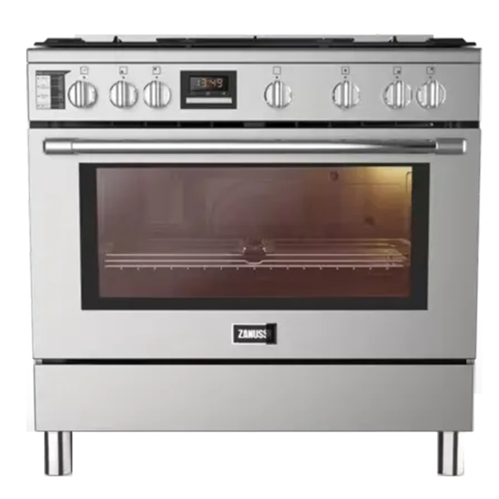 Freestanding Gas Cooker Zanussi, 90×60cm, 5 Burners, Taste Max Air Fryer, Fan, Cast Iron Grates, Full Safety, Digital, Stainless Steel - ZCG97326XA