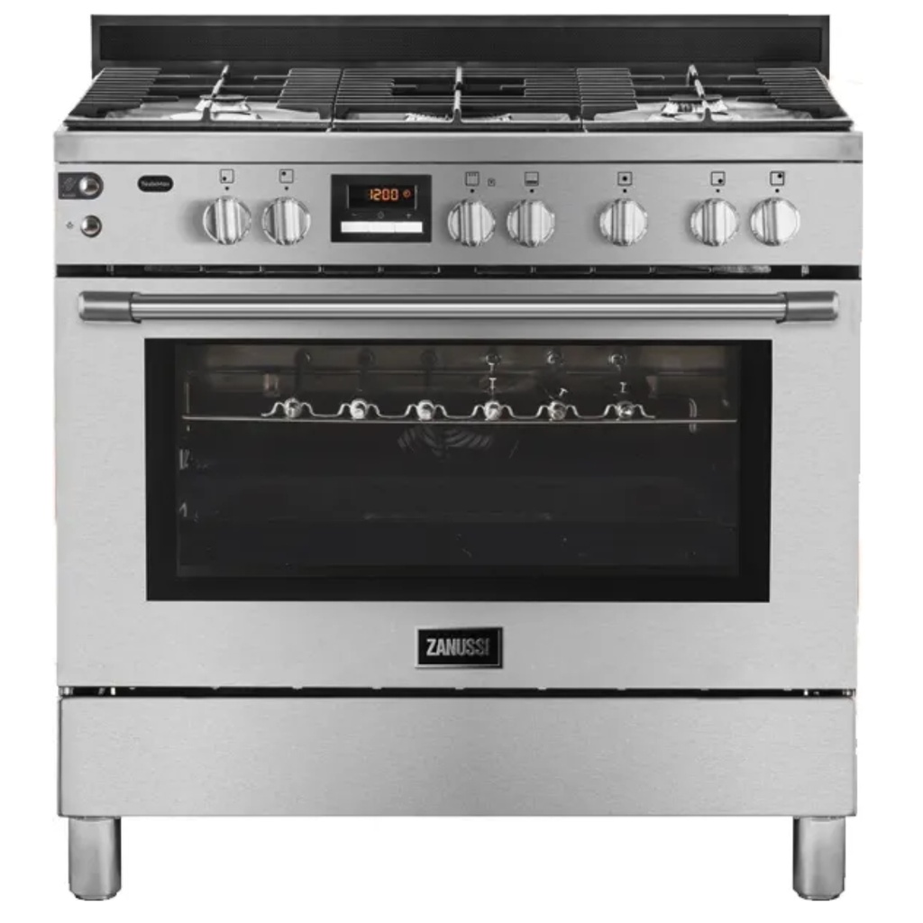 Freestanding Gas Cooker Zanussi, 90×60cm, 5 Burners, Taste Max Plus, Fan, Cast Iron Grates, Full Safety, Digital, Stainless Steel - ZCG92696XA