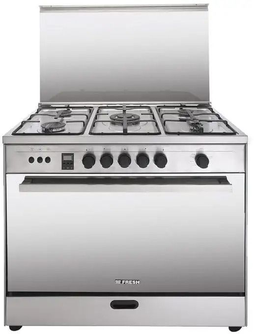 Freestanding Gas Cooker Fresh, 90×60cm, 5 Burners, Fan, Cast Iron Grates, Full Safety, Digital, Stainless Steel - Rock