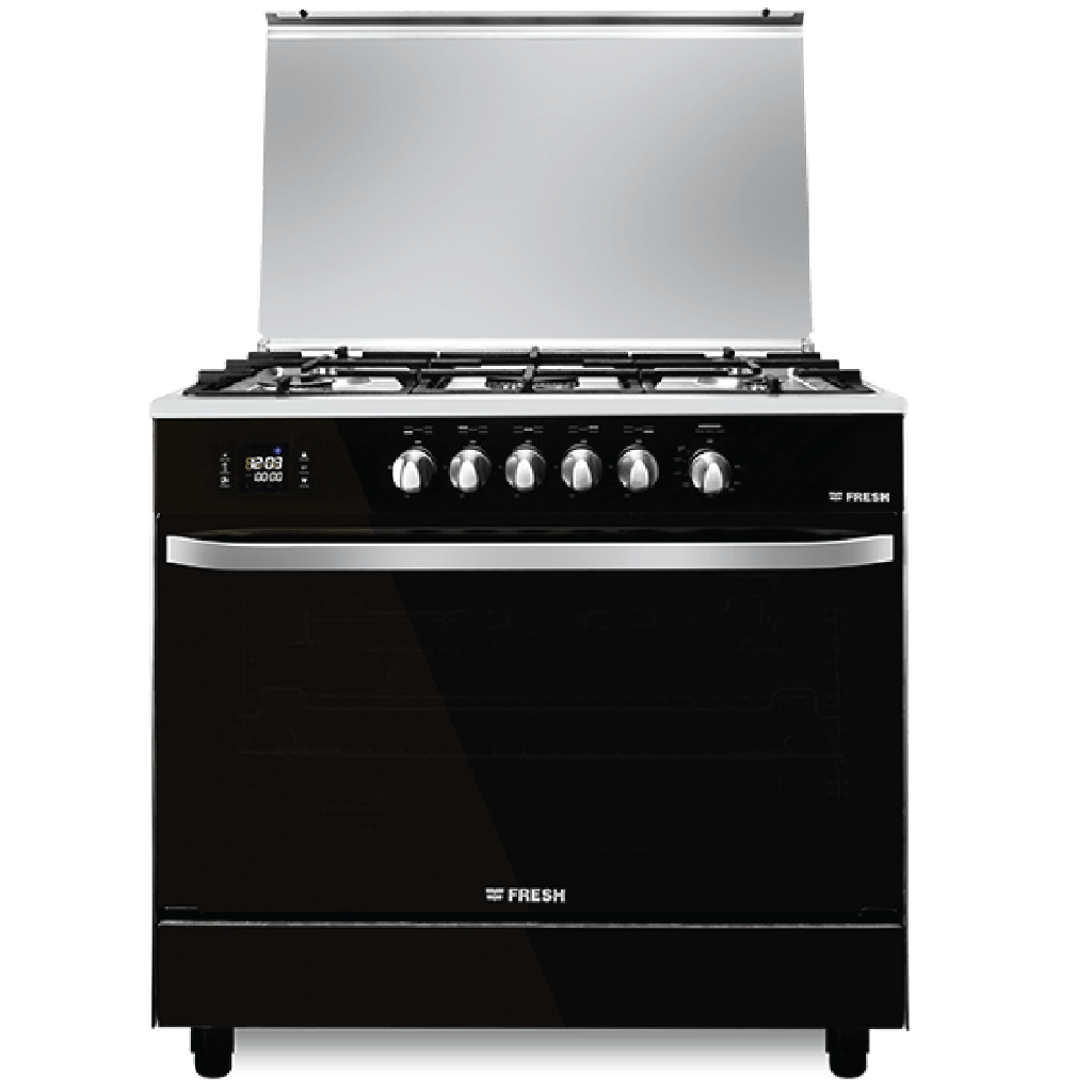 Freestanding Gas Cooker Fresh, 90×60cm, 5 Burners, Full Safety, Hydraulic Door, Glass, Stainless Steel × Black - Hamer