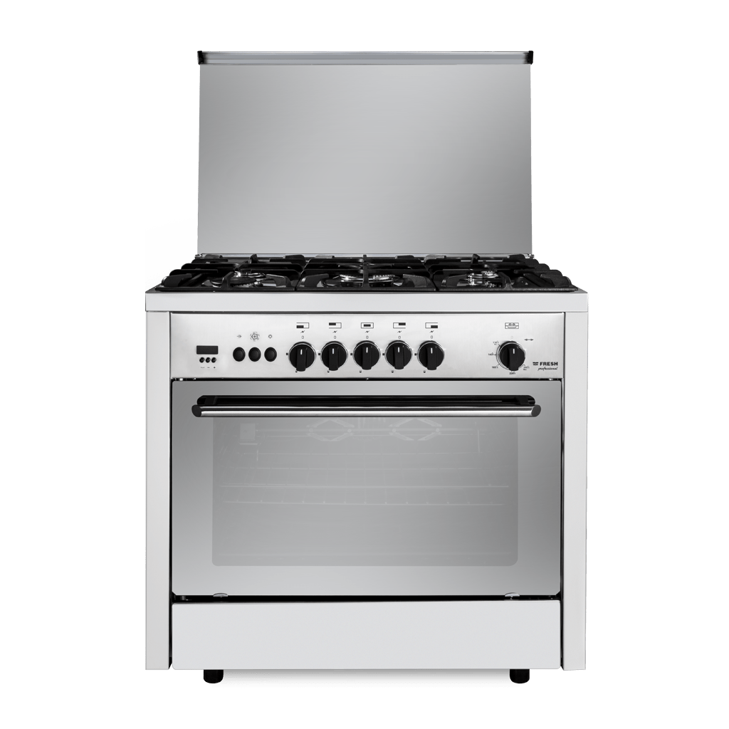 Freestanding Gas Cooker Fresh, 90×60cm, 5 Burners, Fan, Cast Iron Grates, Full Safety, Stainless Steel - Professional