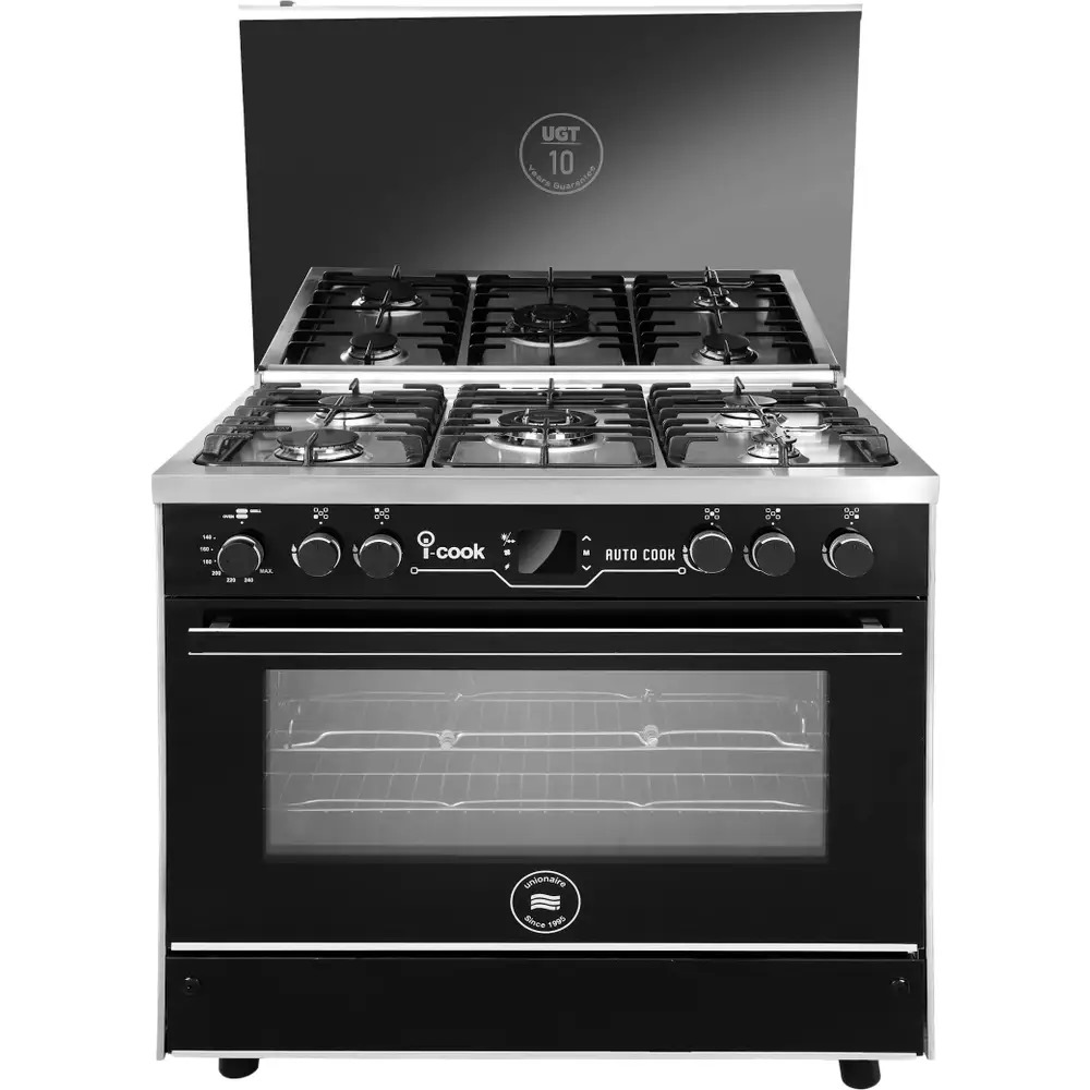 Freestanding Gas Cooker Union Air, 90×60cm, 5 Burners, Full Safety, iCook Auto Cook, Digital, Stainless Steel × Black - C69SS-GC-511-ICPS2F-IS-2W-AL