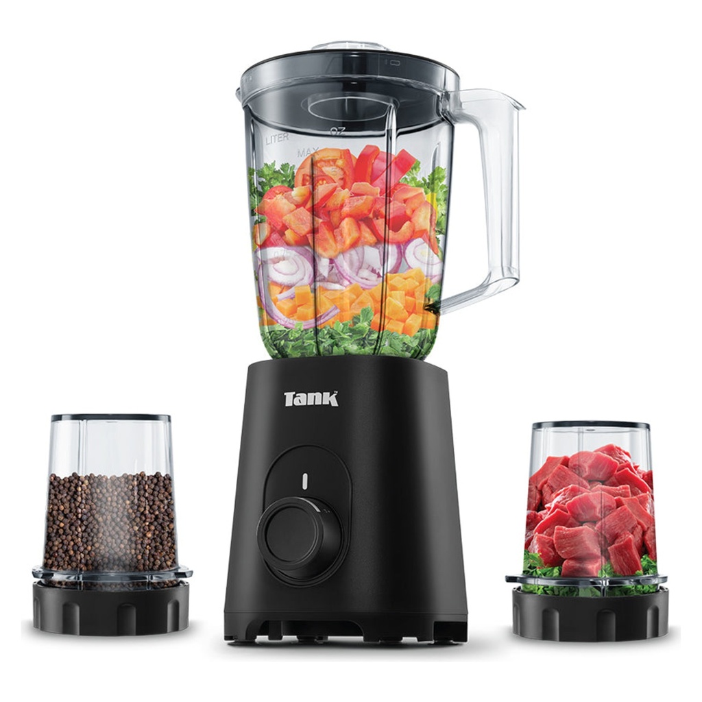 Electric Blender Tank, 600W, 1.5L Glass Jar, Grinder 250ml, Meat Grinder 250ml, Black - YB-010