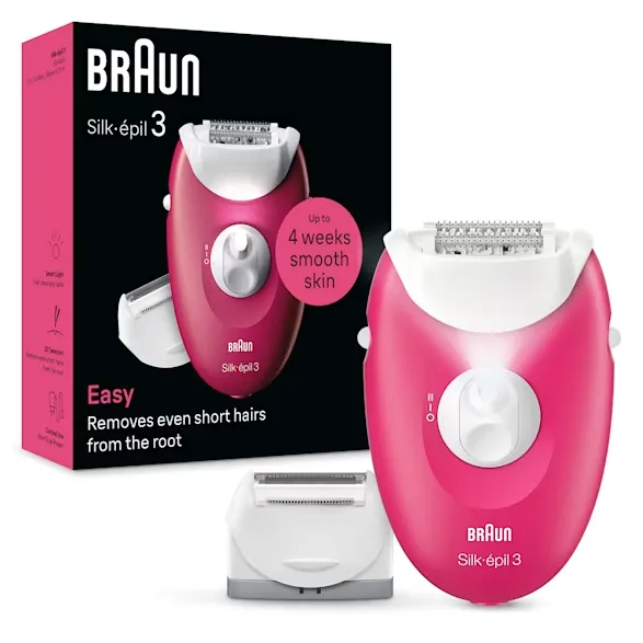 Epilator Braun, Corded, 20 MicroGrip Tweezers, Smart Light, with Shaver Head & Bikini Trimmer, Raspberry - SE3-032
