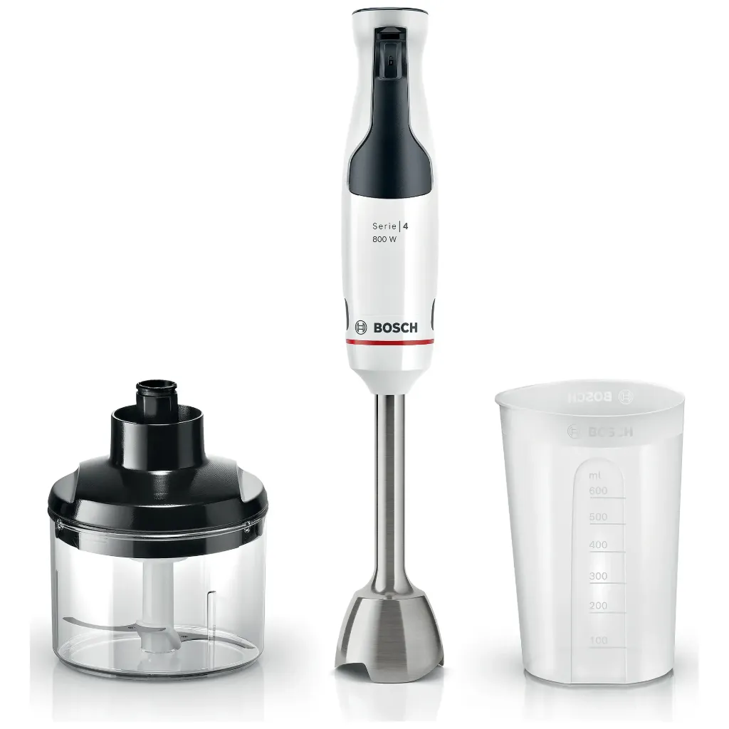 Hand Blender Bosch, ErgoMaster Series 4, 800W, Stepless Speed, Metal Foot, Ceramic Connect, White - MSM4W420