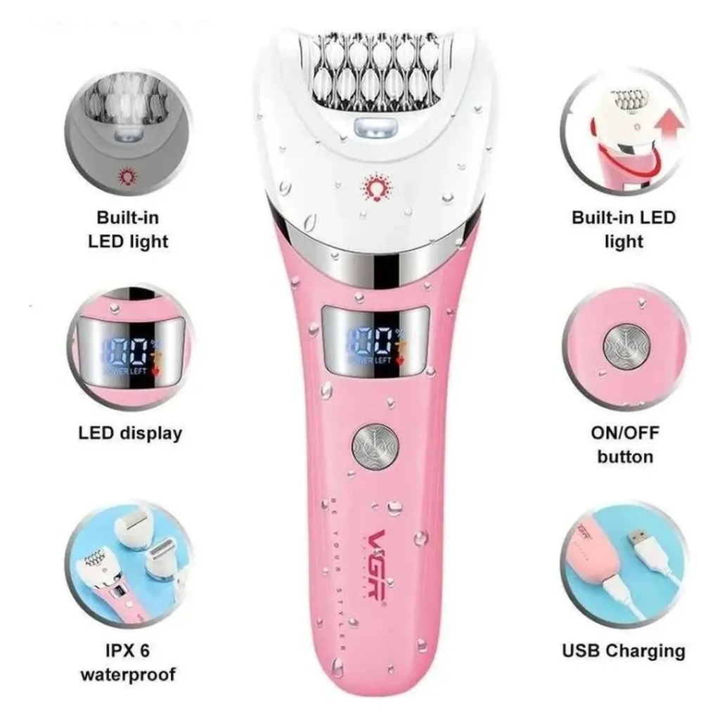 Epilator VGR, 5-in-1, IPX7 Waterproof, 30 Tweezers, LED Light, 2 Speeds, 1400mAh Li-ion, USB Charging - V-759