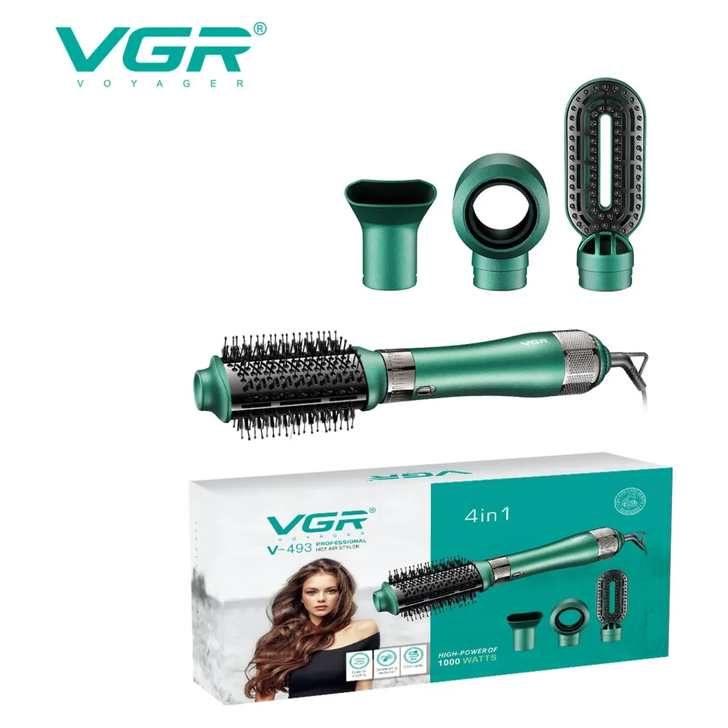 Hot Air Styler VGR, 4-in-1, Ionic Technology, Anti-Burn Comb, Overheat Protection, ABS Matte Body, 360° Swivel Cord, Green - V-493