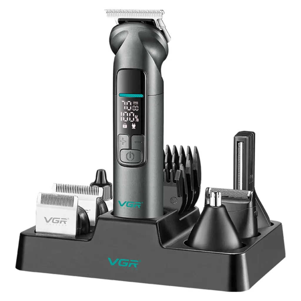 Men's Professional Shaving Set VGR, 14-in-1, Metal Body, IPX7 Waterproof, 1200mAh Li-ion, 150-min Runtime, 8 Guide Combs, Black - V-096