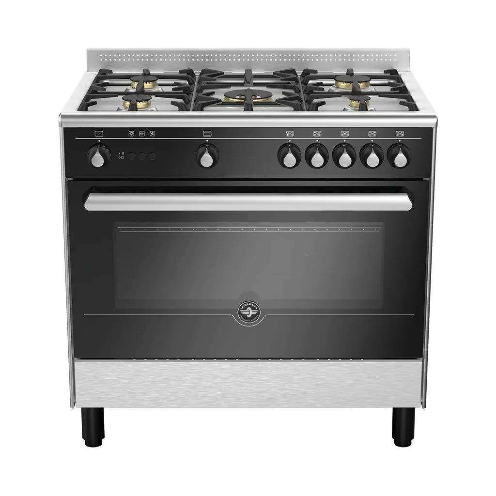 Freestanding Gas Cooker La Germania Itova, 90×60cm, 5 Burners, Full Safety, Cast Iron Grates, Stainless Steel × Black - 9Z10GUB1X4AWW