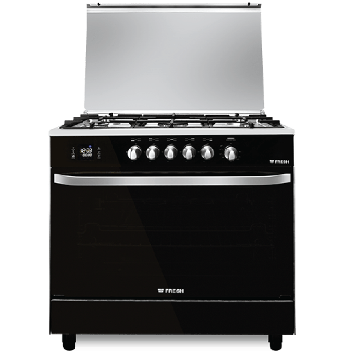 Freestanding Gas Cooker Fresh, 90×60cm, 5 Burners, Full Safety, Hydraulic Door, Glass, Stainless Steel × Black - Hamer