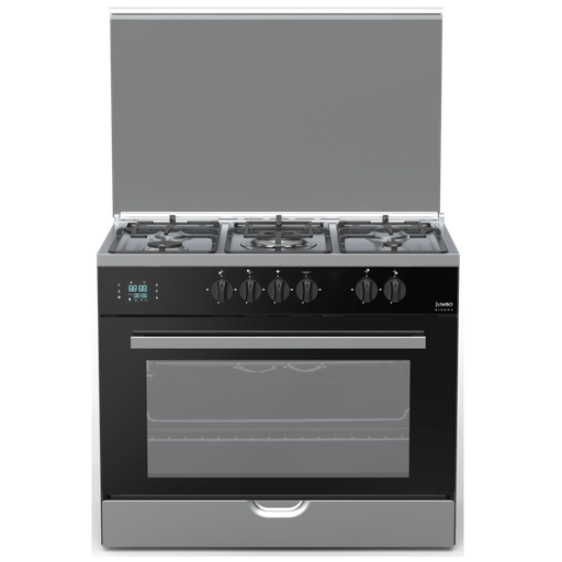 Freestanding Gas Cooker Fresh, 90×60cm, 5 Burners, Full Safety, Glass, Stainless Steel × Black - Jumbo Mirror