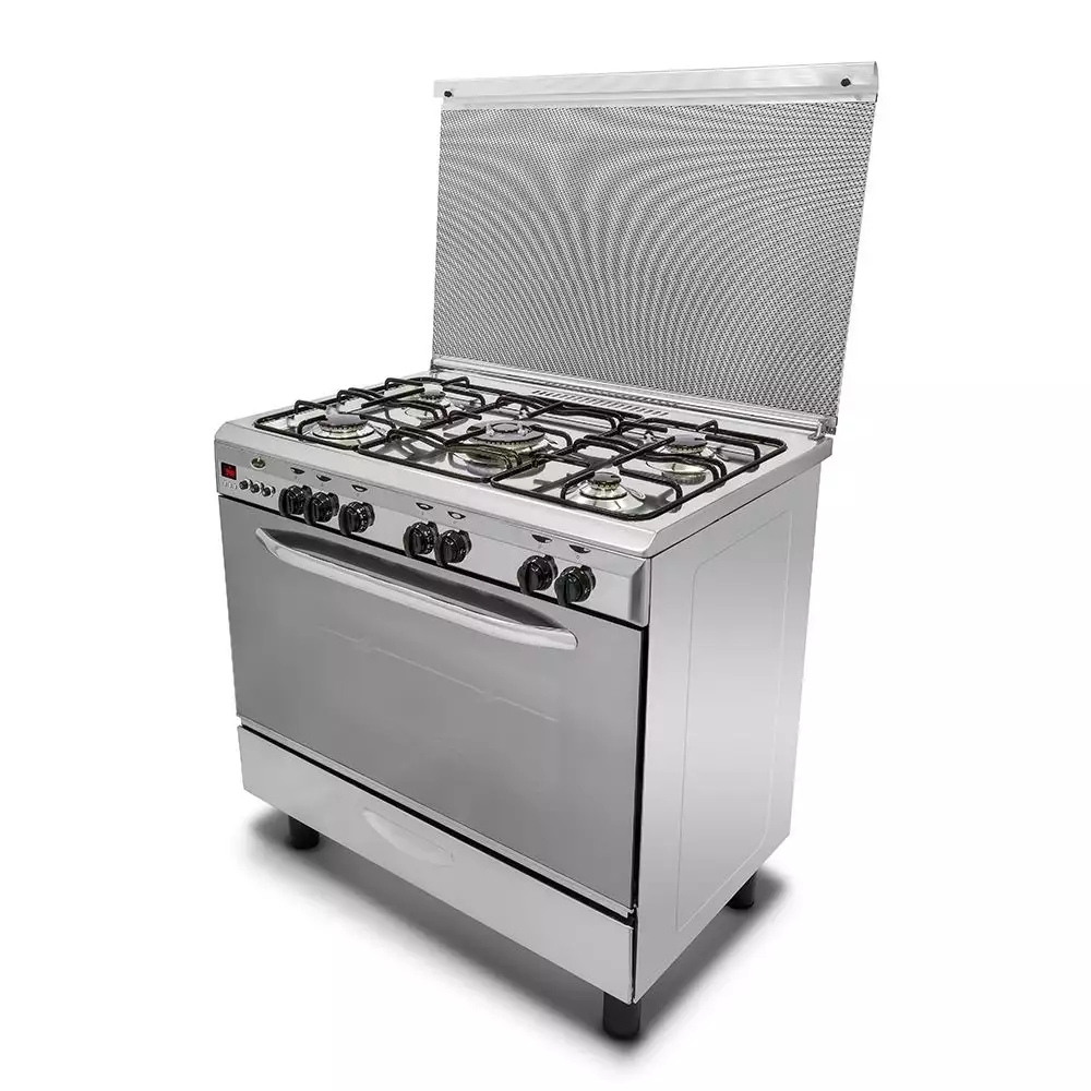 Freestanding Gas Cooker Crazi, 90×60cm, 5 Burners, Full Safety, Digital Display, Fan, Cast Iron Grates, Stainless Steel - 9604F-5