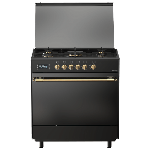 Freestanding Gas Cooker Fresh, 90×60cm, 5 Burners, Fan, Cast Iron Grates, Full Safety, Digital, Black - Hammer Rustic