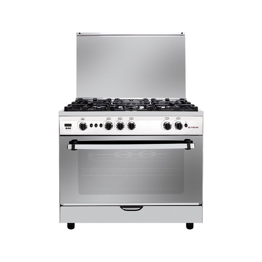 Freestanding Gas Cooker Fresh, 90×60cm, 5 Burners, Fan, Cast Iron Grates, Digital, Stainless Steel - Hi Cast