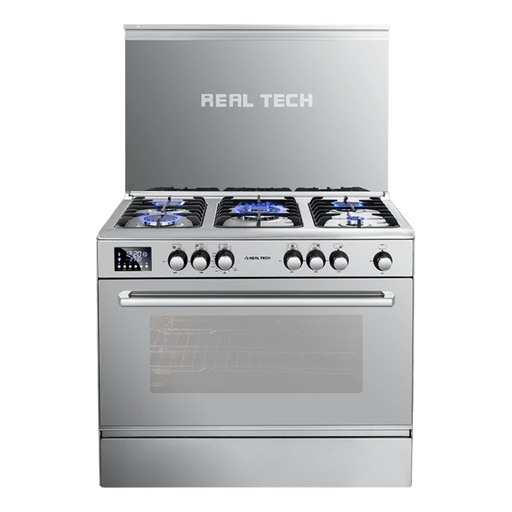 Freestanding Gas Cooker Real Tech, 90×60cm, 5 Burners, Full Safety, Fan, Cast Iron Grates, Digital Touch, Stainless Steel - Smart Touch