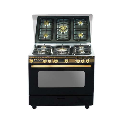 Freestanding Gas Cooker Technogaz, 60×90cm, 5 Burners, Fan, Brass Burners, Cast Iron Grates, Black × Gold - Super Mega