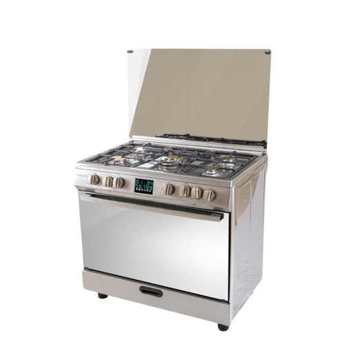 Freestanding Gas Cooker Technogaz, 60×90cm, 5 Burners, Full Safety, Fan, Digital, Cast Iron Grates, Matte Stainless Steel - Loloa
