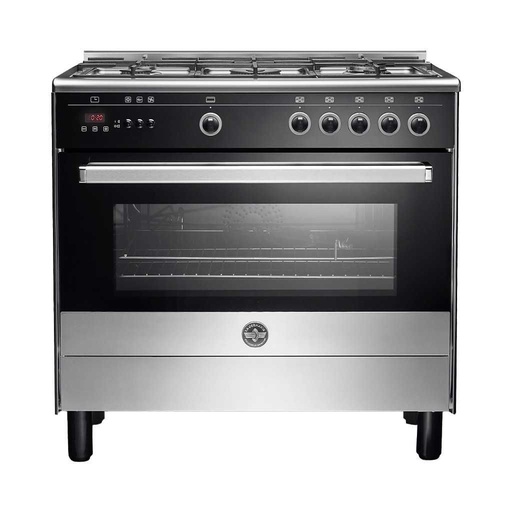 Freestanding Gas Cooker La Germania, 90×60cm, 5 Burners, Full Safety, Cast Iron Grates, Digital, Stainless Steel × Black - 9L10G4A1X4AWW