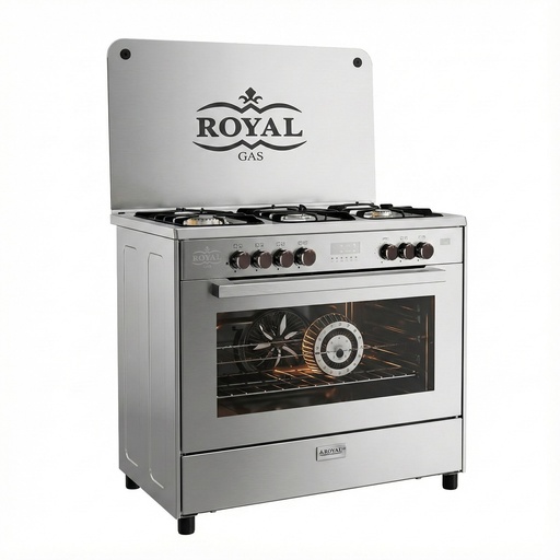 Freestanding Gas Cooker Royal Gas, 90×60cm, 5 Burners, Fan, Cast Iron Grates, Full Safety, Digital, Thermal Glass, Stainless Steel - Art Pro