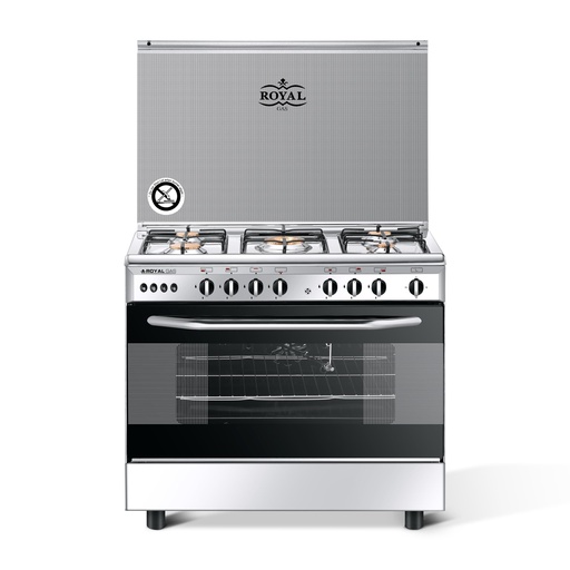 Freestanding Gas Cooker Royal Gaz, 90×60cm, 5 Burners, Fan, Cast Iron Grates, Brass, Stainless Steel - Bright Cast