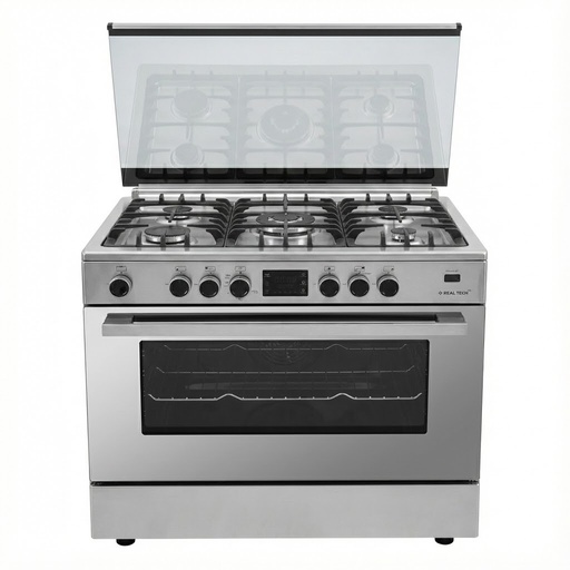 Freestanding Gas Cooker Real Tech, 90×60cm, 5 Burners, Full Safety, Fan, Cast Iron Grates, Digital Touch, Air Fryer, Stainless Steel, Pro Control - R6090SS-Ca-Sn-Tch-FS-Con-Pro