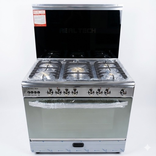 Freestanding Gas Cooker Real Tech, 90×60cm, 5 Burners, Fan, Cast Iron Grates, Stainless Steel, Brass Burners - R6090SS-Ca-Per