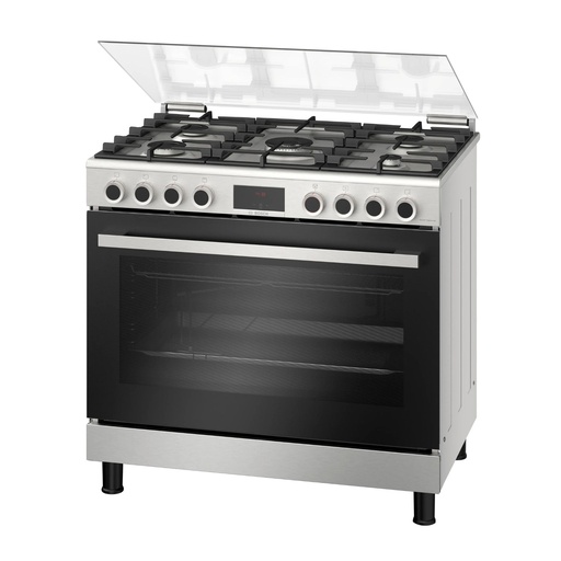 Freestanding Gas Cooker Bosch, Series 6, 90×60cm, 5 Burners, 147L Oven, Fan, Cast Iron Grates, Full Safety, Digital, Stainless Steel - HGP3I8W50S