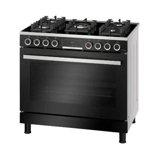 Freestanding Gas Cooker Bosch, Series 8, 90×60cm, 5 Burners, 147L Oven, Fan, Cast Iron Grates, Full Safety, Digital, Black Glass - HJY5G7V61S