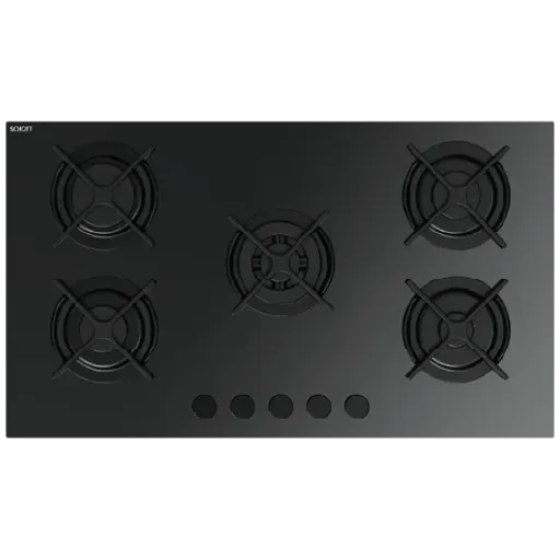 Built-in Gas Hob Fresh, 90 cm, 5 Burners, Full Safety, Cast Iron Trivets, Black Glass - HFR90CMGC1