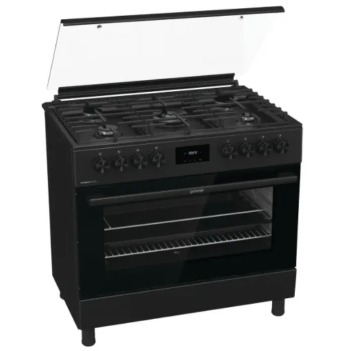 Freestanding Gas Cooker Gorenje, 90×60cm, 5 Burners, 2 Fans, Cast Iron Grates, Air Fryer, Digital, Full Safety, Black - GGI9C20B